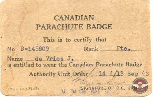Canadian Parachute Badge Certif